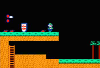 After you climb the ladder at the beginning of World 5-3 in Super Mario Bros. 2., quickly get and use the Magic Potion on the high ledge to enter Sub-space and warp to World 7.